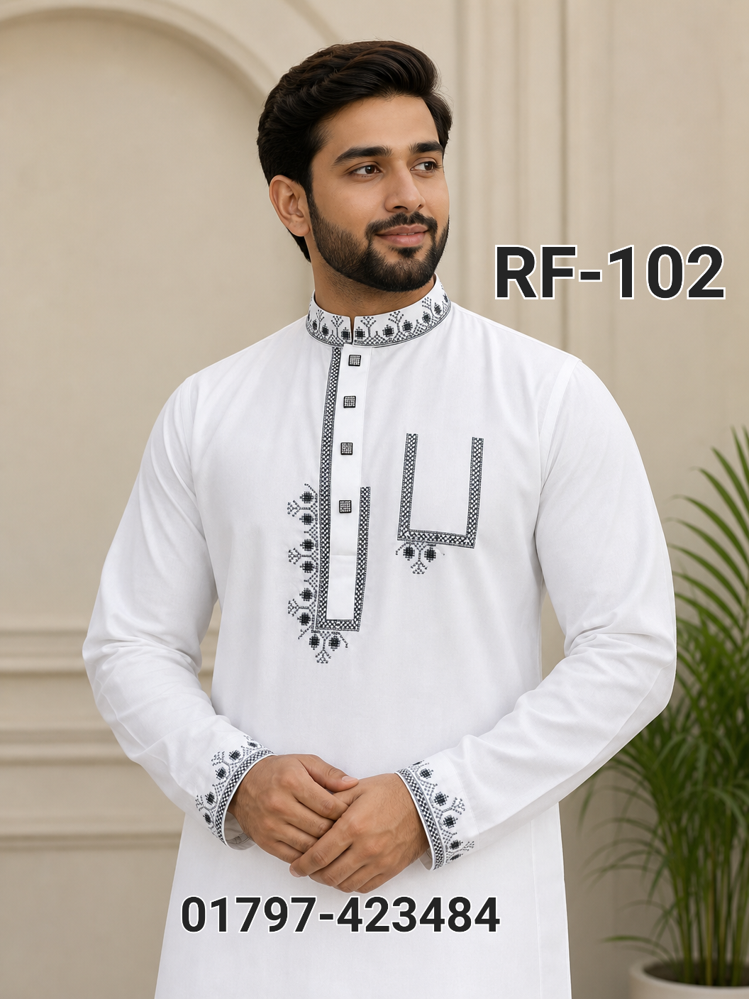 2d58fe20-4fc3-11f1-b363-59908364e47c চায়না মাইক্রো সফট স্ট্রিচ পাঞ্জাবী= RF-102 (সাদা কালার) - Image 1
