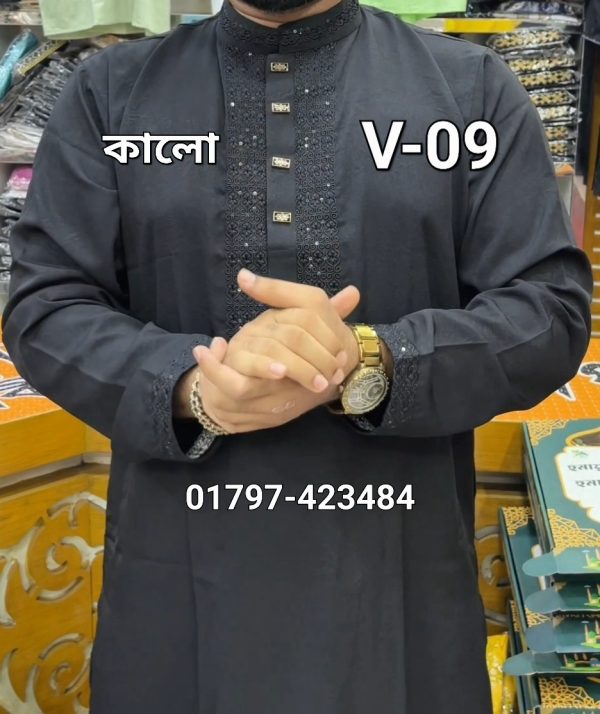 স্ট্রিচ ভাঙচুর কটন পাঞ্জাবি =V-09 (কালো) - Image 2