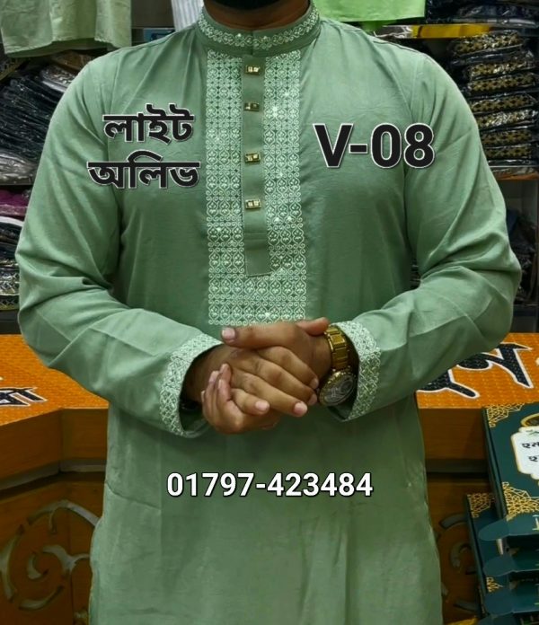 স্ট্রিচ ভাঙচুর কটন পাঞ্জাবি =V-08 (লাইট অলিভ) - Image 2